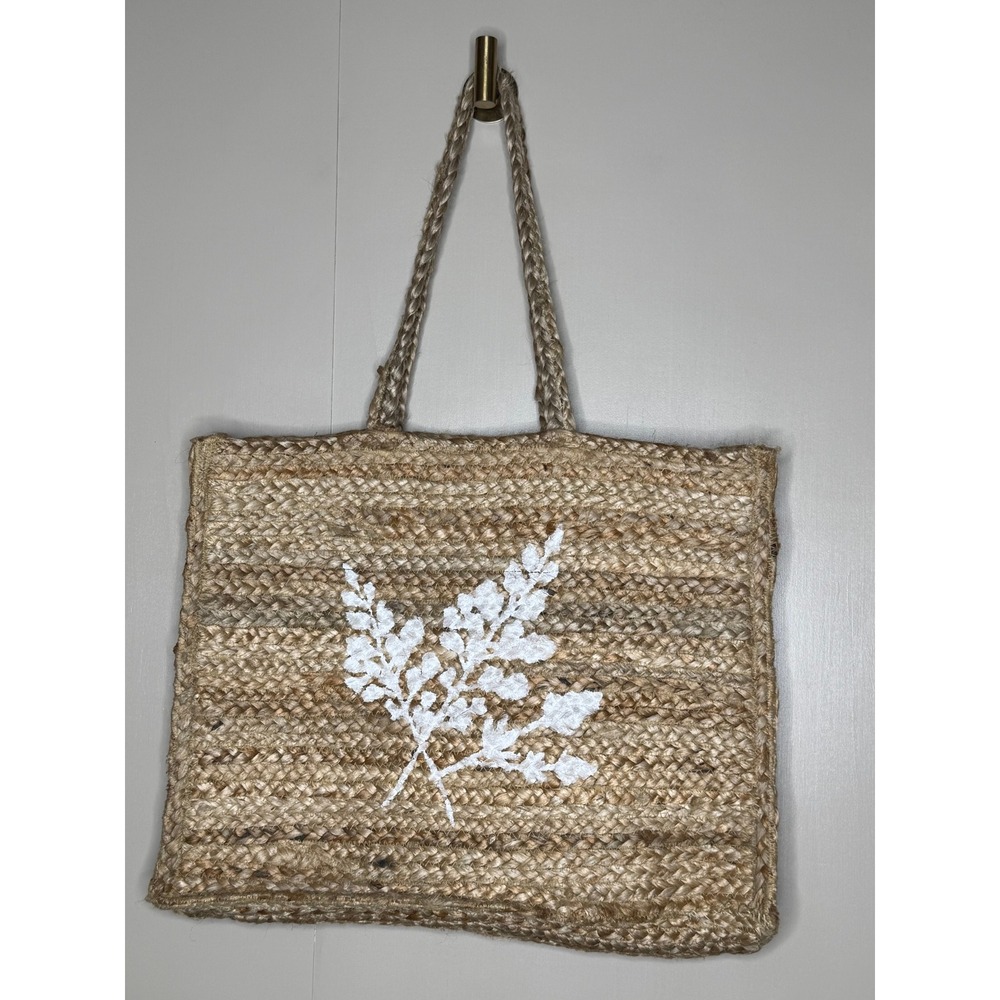 BLarge Woven Jute Tote Bag Botanical Print Boho Coastal Market Bag‎